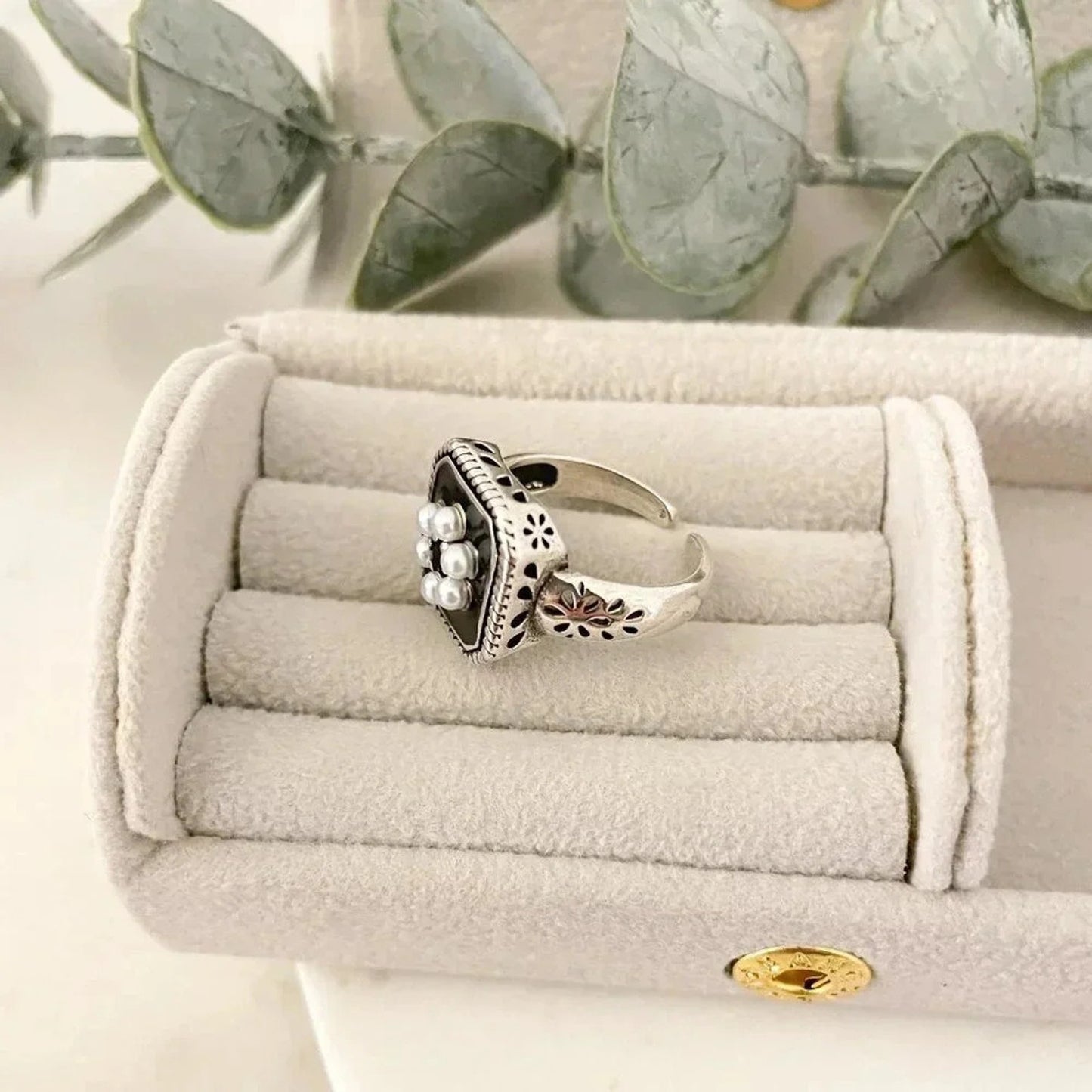 925 Sterling Silver Chunky Ring Statement Ring Pearl Ring Pearl Flower Ring