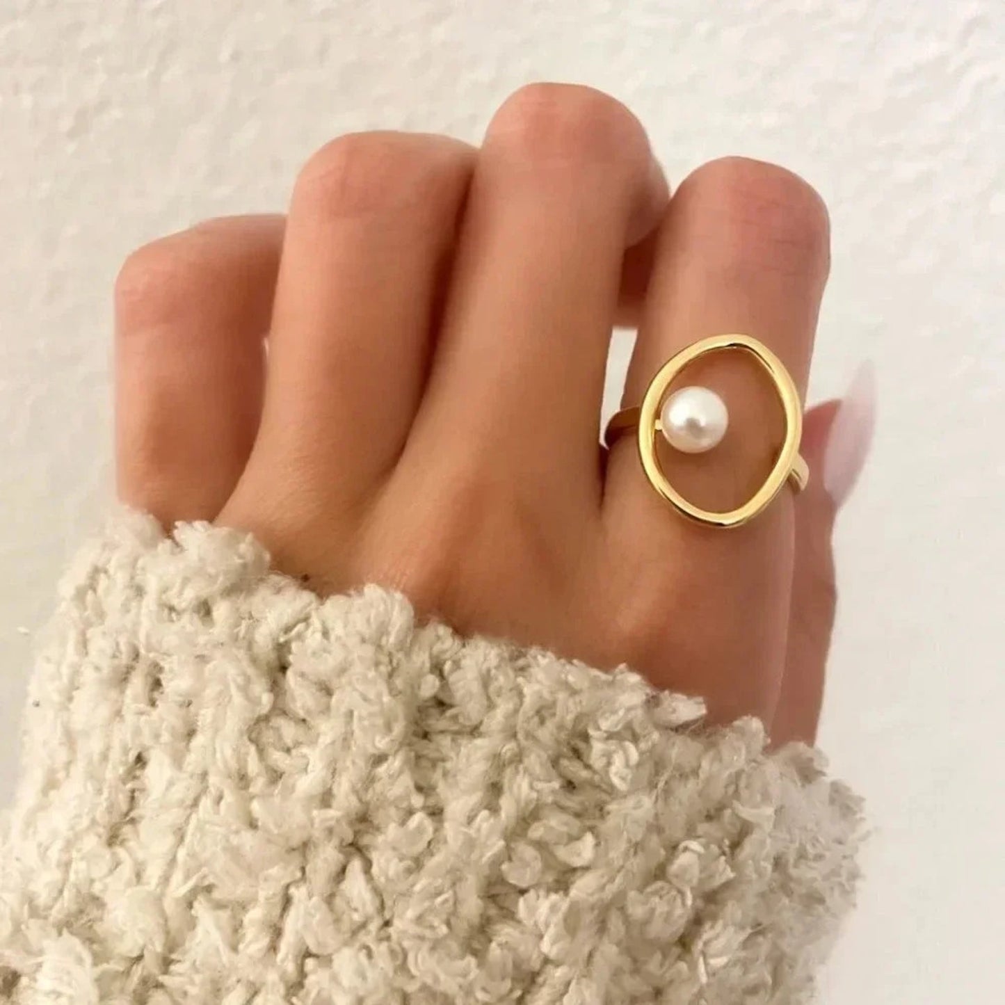 925 Sterling Silver Gold Pearl Statement Ring Boho Minimalist Oval Round Ring
