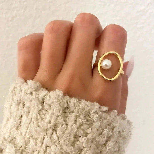 925 Sterling Silver Gold Pearl Statement Ring Boho Minimalist Oval Round Ring