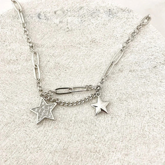 925 Sterling Silver Star Chain Link Necklace Dangle Chain Vintage Necklace