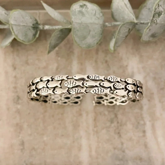 925 Sterling Silver Cuff Bracelet School of Fish Bracelet Silver Bangle Bracelet