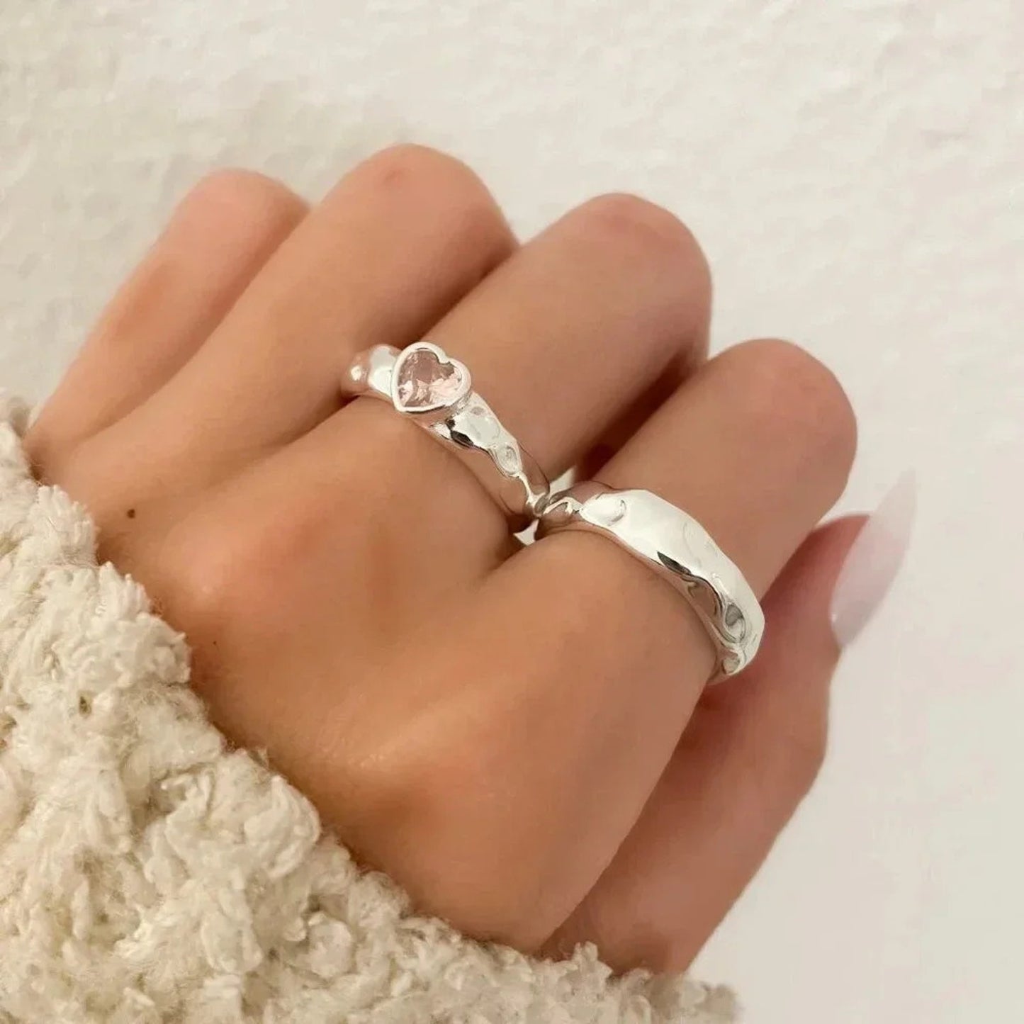 925 Sterling Silver Minimalist Ring Hammered Ring Band Pink Heart Ring