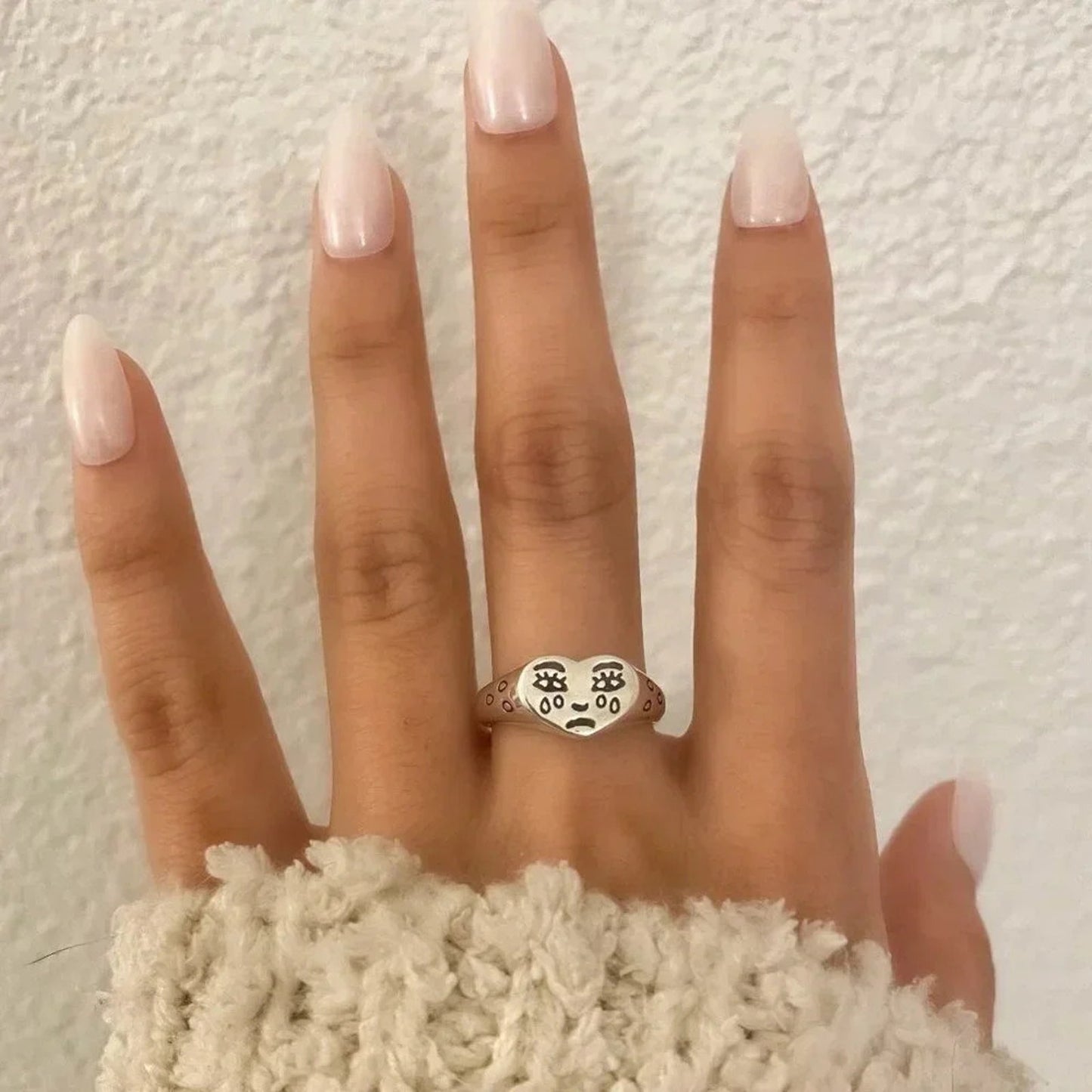 925 Sterling Silver Minimalist Crying Face Ring Sad Face Ring Geometric Ring