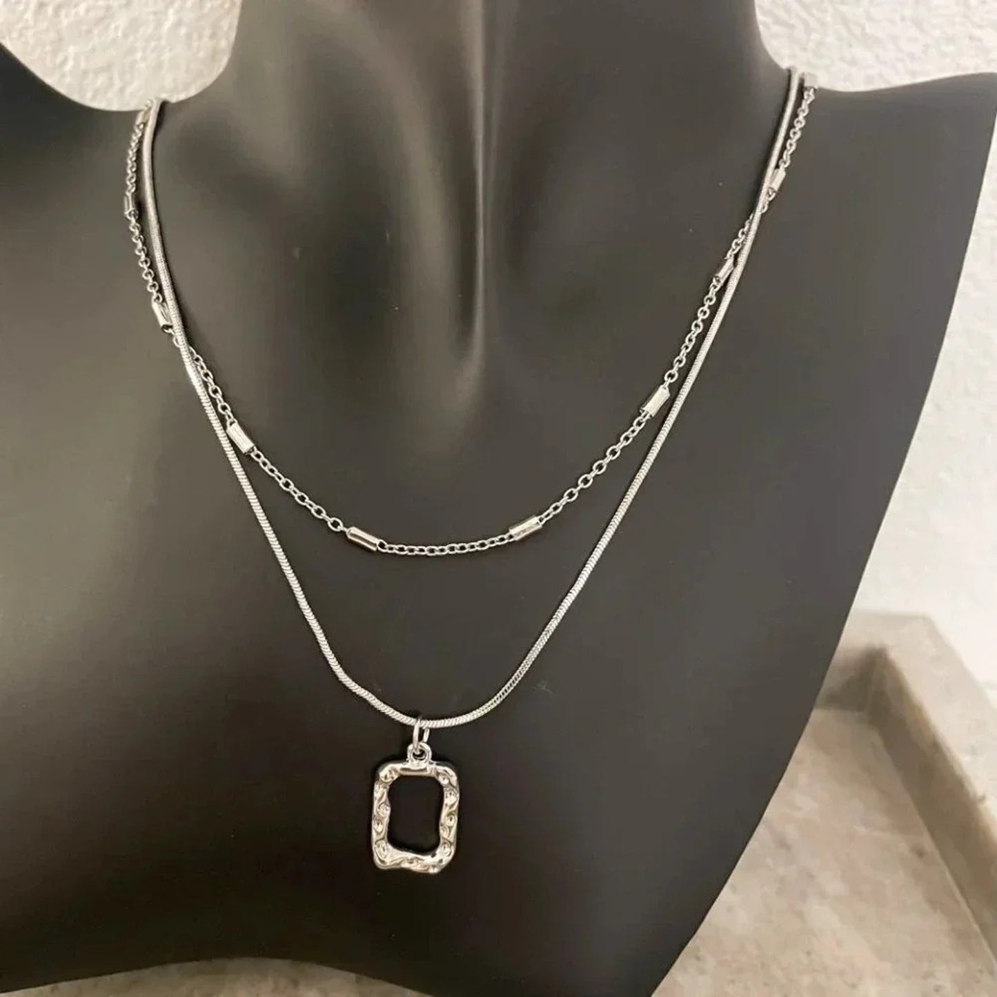 925 Sterling Silver Necklace Set Geometric Textured Square Pendant Sequin Chain