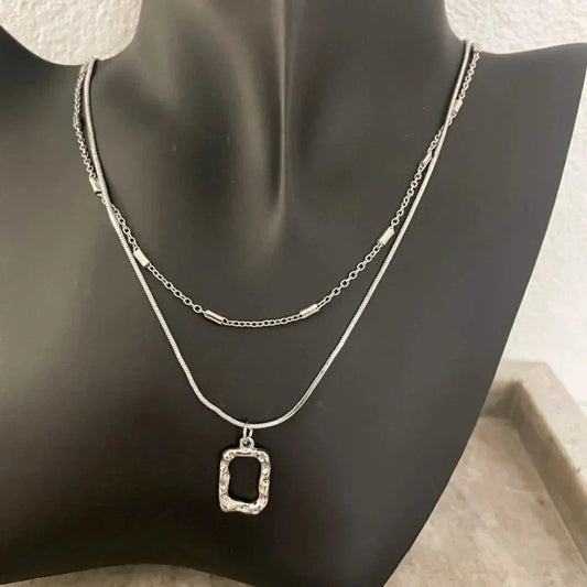 925 Sterling Silver Necklace Set Geometric Textured Square Pendant Sequin Chain