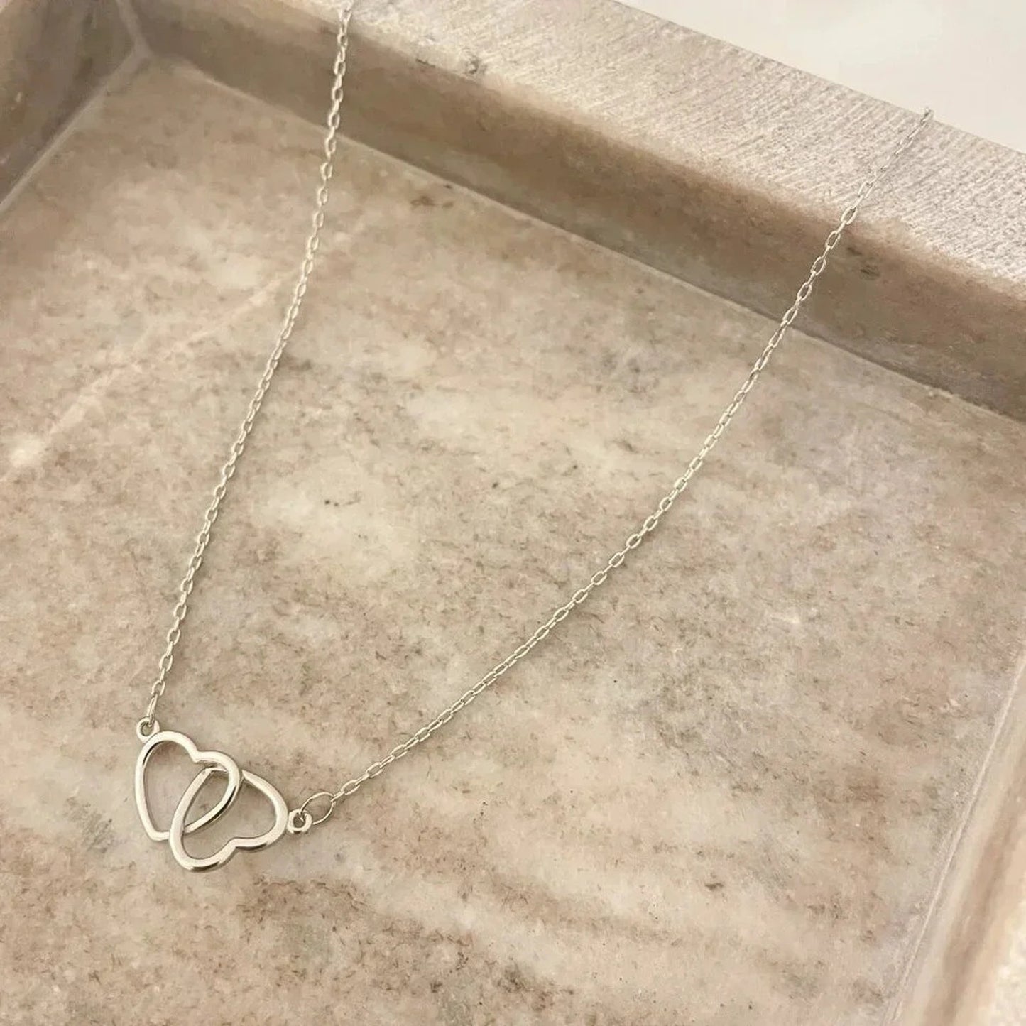 925 Sterling Silver Double Heart Linked Necklace Interlocking Hearts Necklace