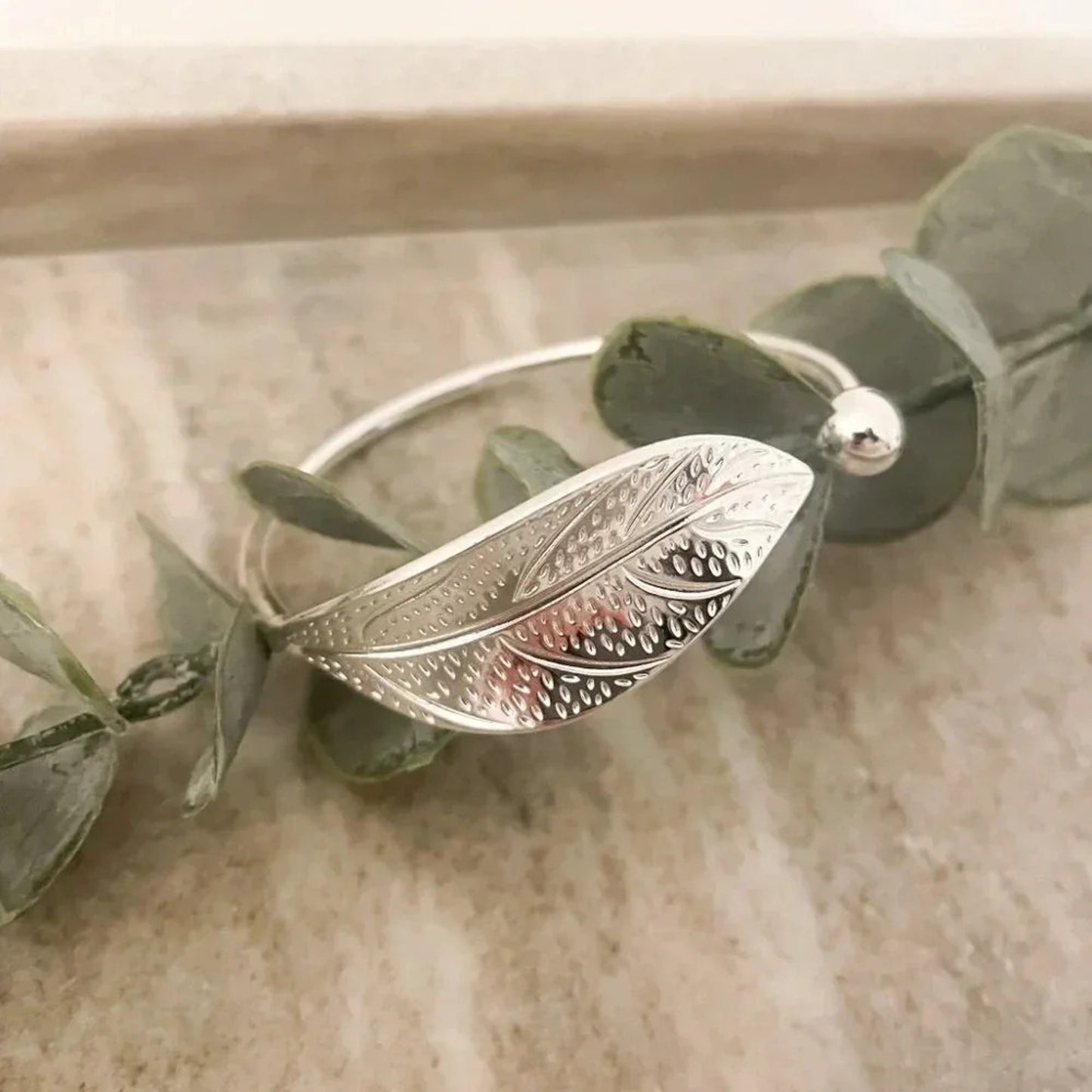 925 Sterling Silver Leaf Bracelet Adjustable Bangle Cuff Statement Bracelet