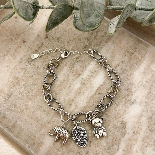 925 Sterling Silver Elephant Bear Leaf Charm Bracelet Chain Link Bracelet