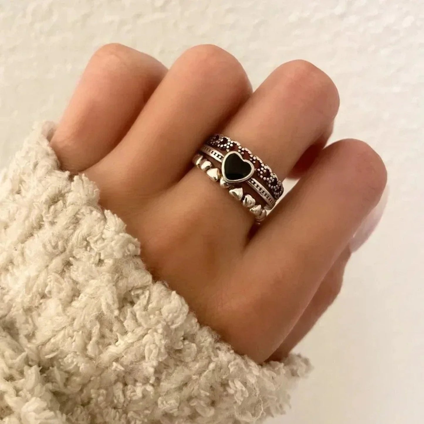 925 Sterling Silver Black Heart Minimalist Ring Vintage Boho Stackable Ring Band