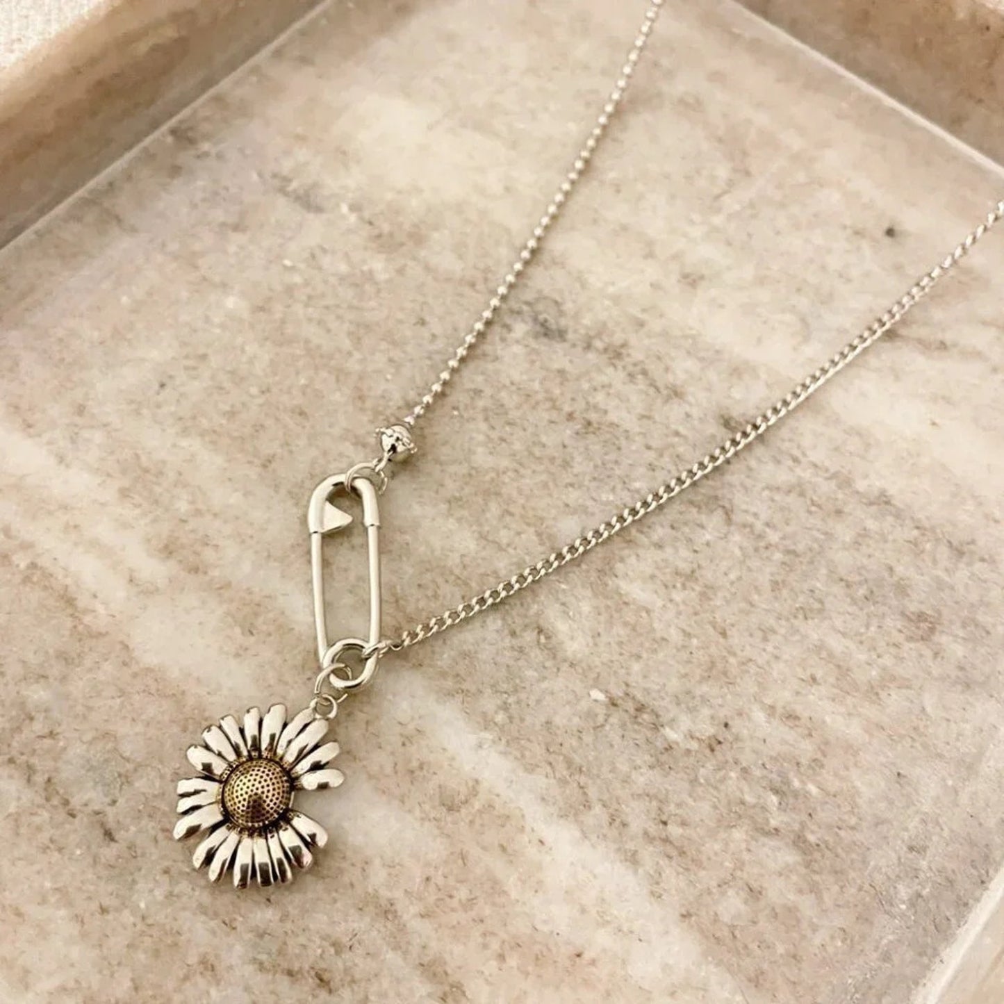 925 Sterling Silver Sunflower Necklace Modern Flower Necklace Paperclip Necklace