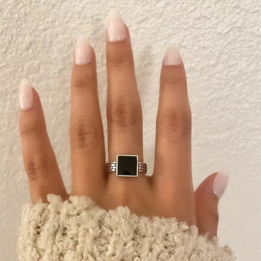 925 Sterling Silver Dainty Black Square Ring Minimalist Stackable Ring