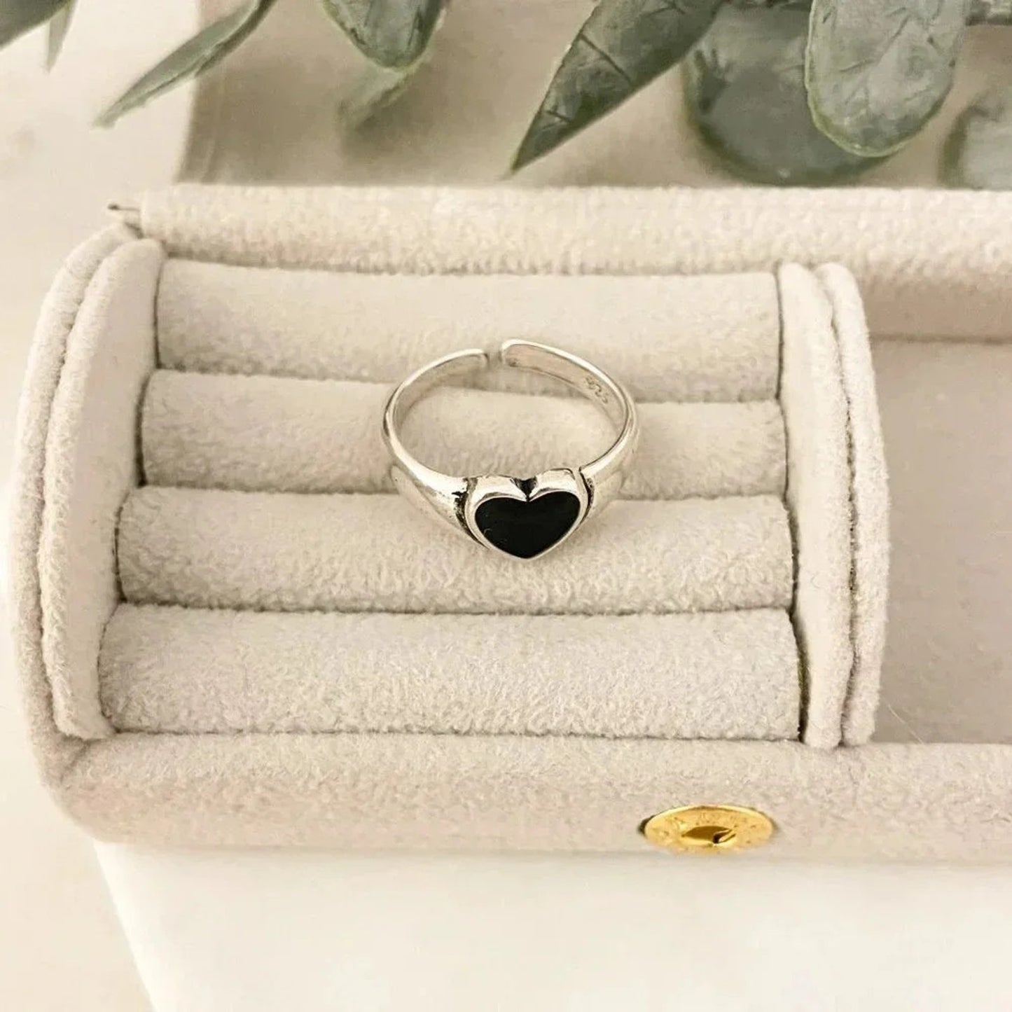 925 Sterling Silver Black Heart Ring Minimalist Dainty Ring Resizable Ring