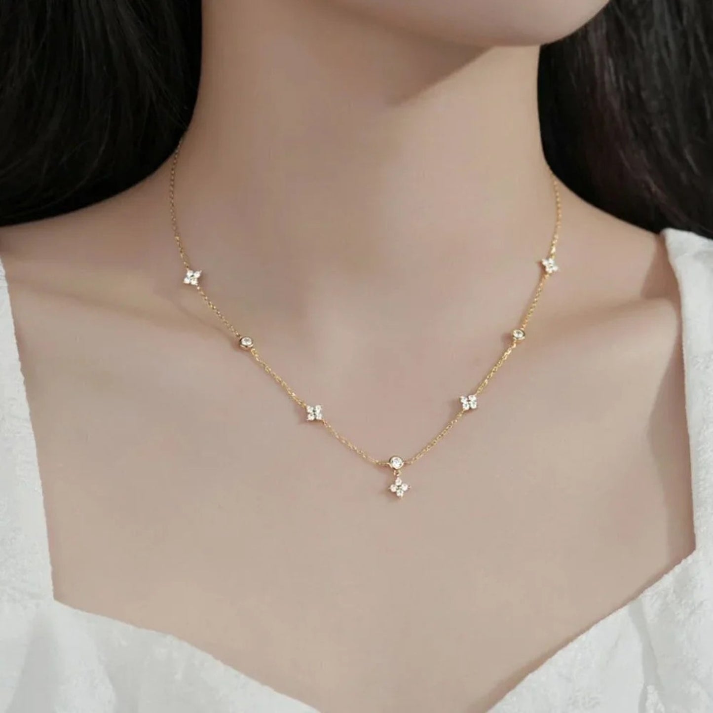 925 Sterling Silver Dainty Flower Crystal Necklace Delicate Minimalist Necklace