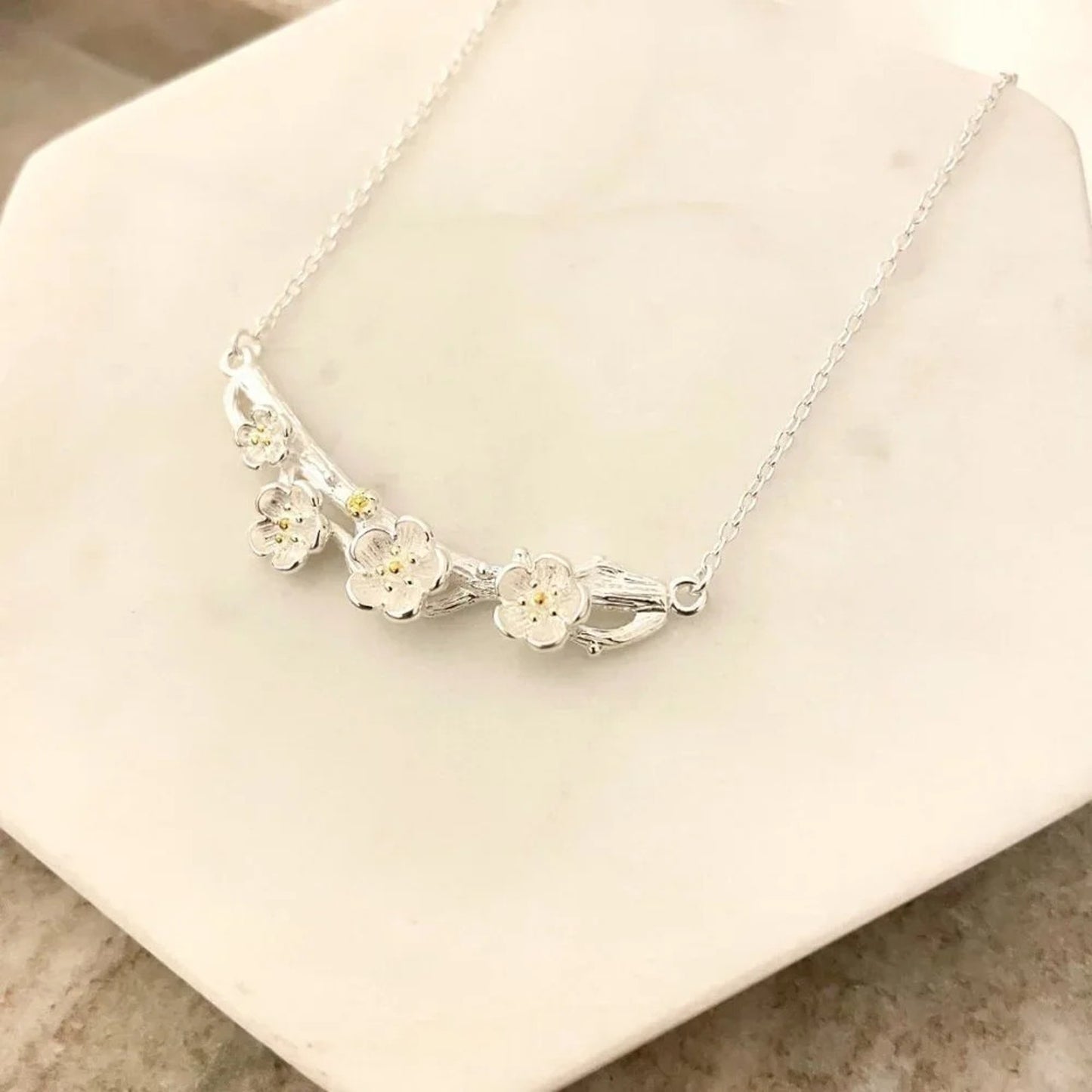 925 Sterling Silver Flower Bar Necklace Flower Necklace Branch Twig Necklace
