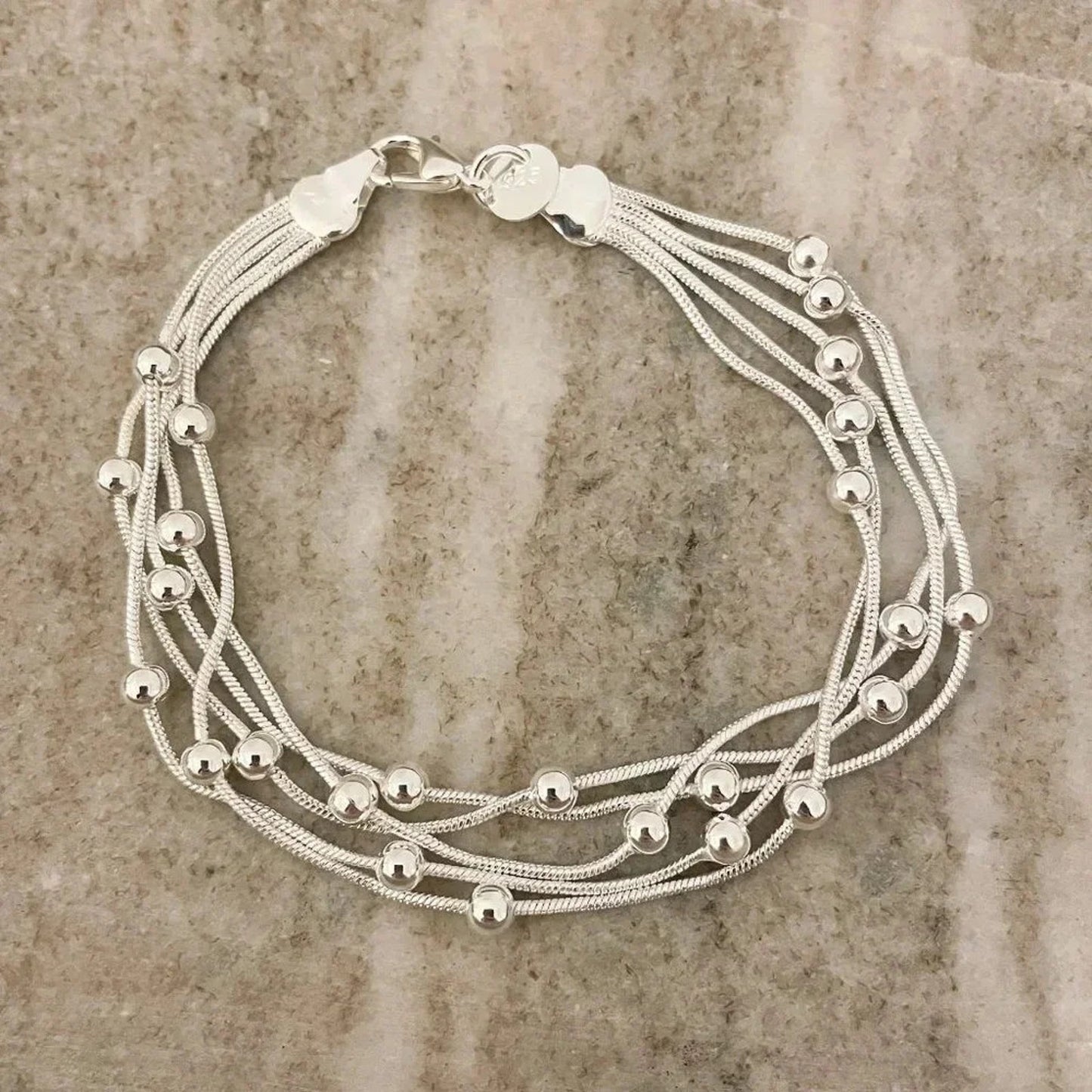 925 Sterling Silver Multi Layer Bead Bracelet Minimalist Stacking Bracelet