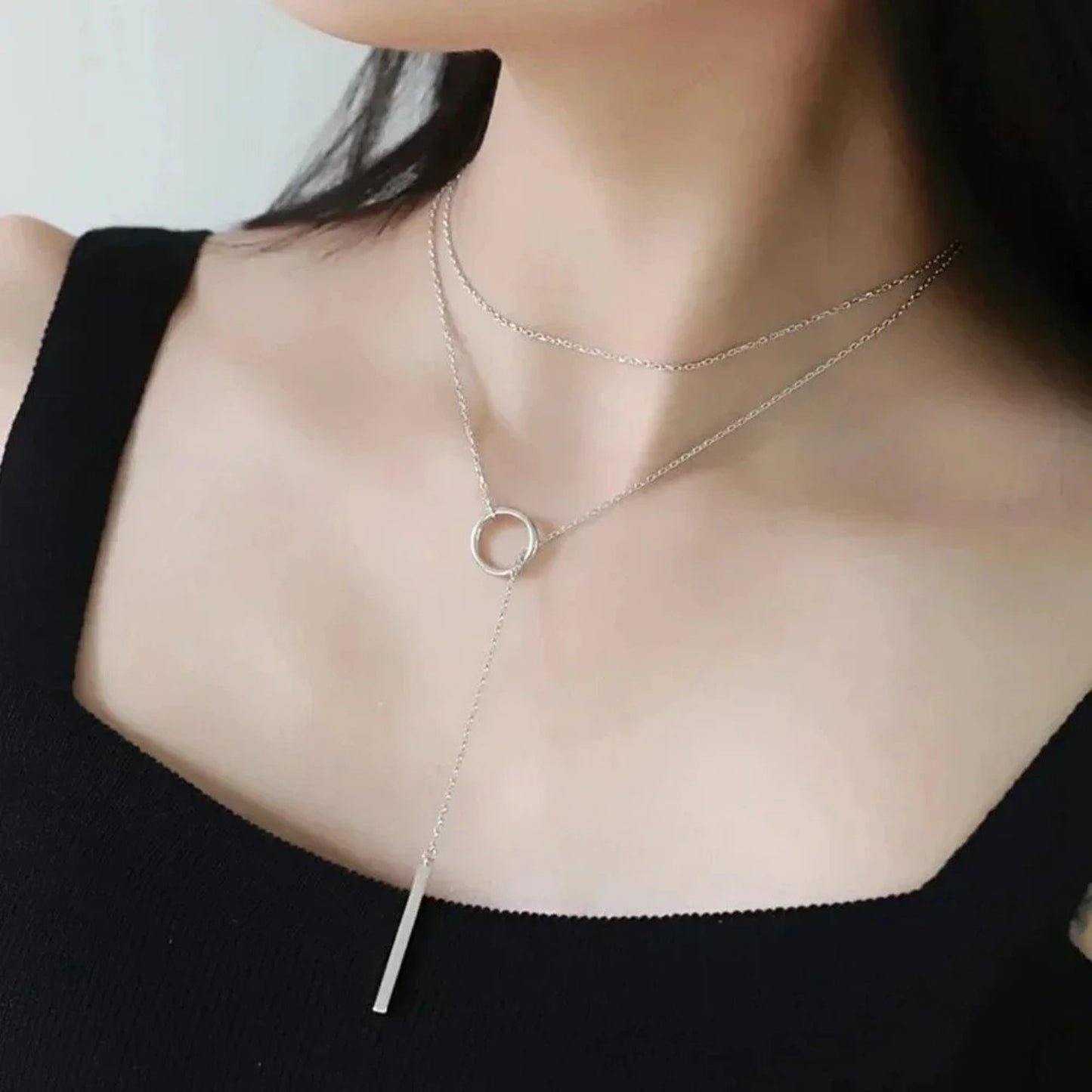 925 Sterling Silver Long Bar Lariat Necklace Long Drop Circle & Bar Necklace