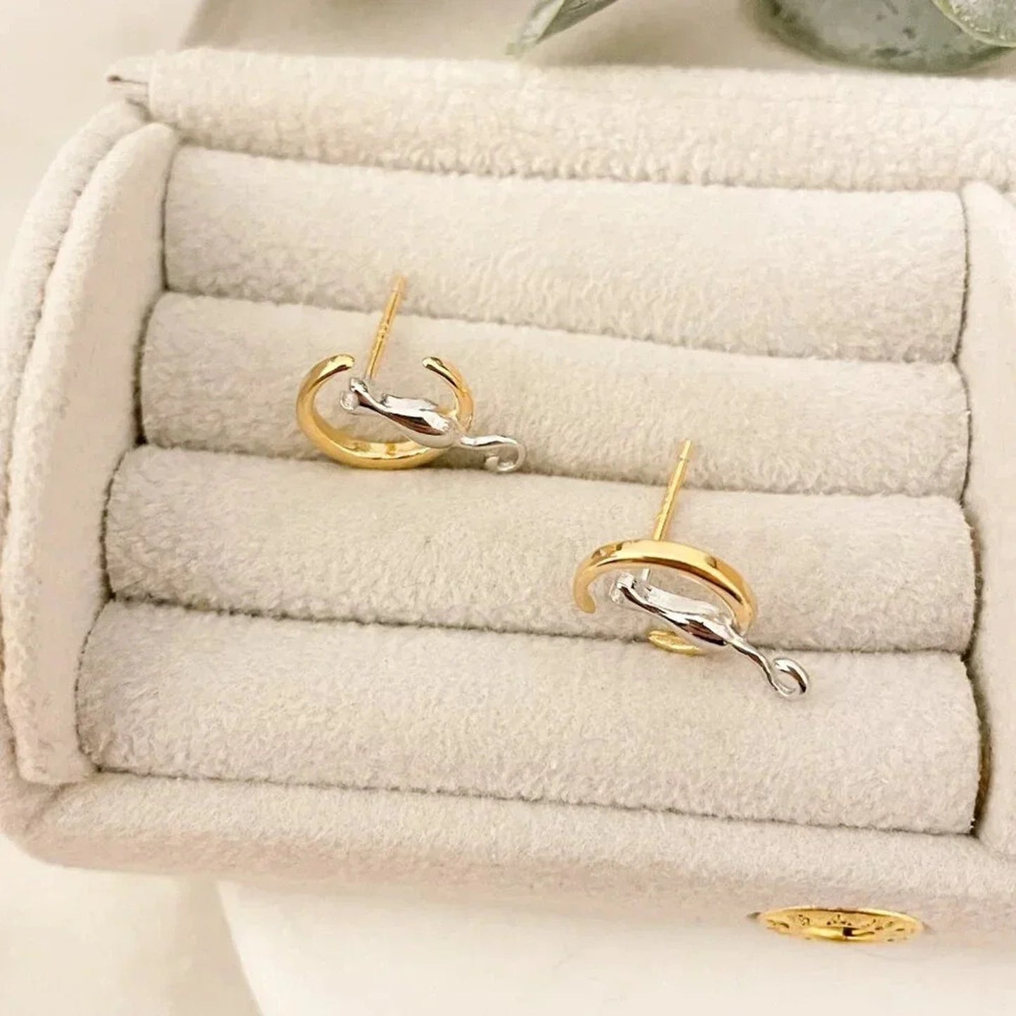 925 Sterling Silver Tiny Cat Studs Two Tone Earrings Cat Studs Moon & Cat