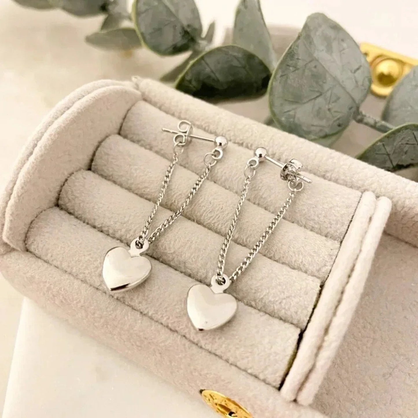925 Sterling Silver Dangle Heart Chain Earrings Long Drop Heart Earrings