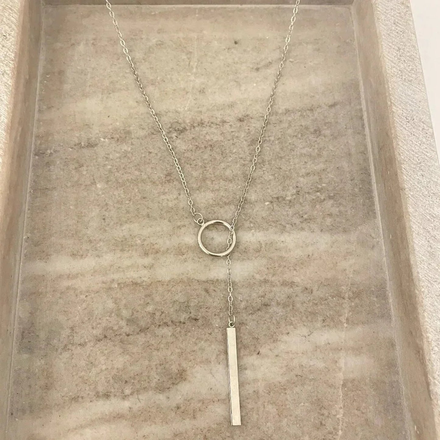 925 Sterling Silver Long Bar Lariat Necklace Long Drop Circle & Bar Necklace