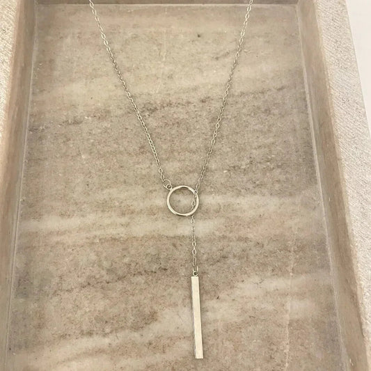 925 Sterling Silver Long Bar Lariat Necklace Long Drop Circle & Bar Necklace