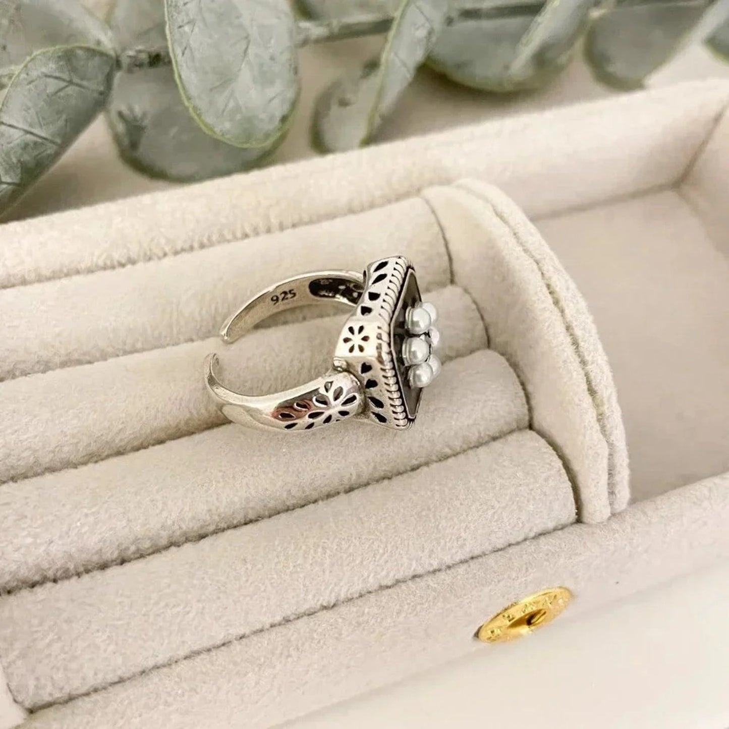 925 Sterling Silver Chunky Ring Statement Ring Pearl Ring Pearl Flower Ring