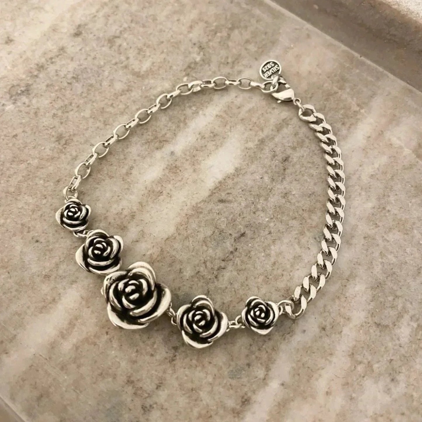 925 Sterling Silver Vintage Rose Bracelet Chain Link Bracelet Flower Bracelet