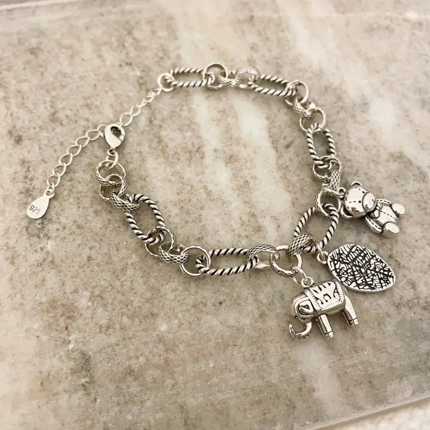 925 Sterling Silver Elephant Bear Leaf Charm Bracelet Chain Link Bracelet