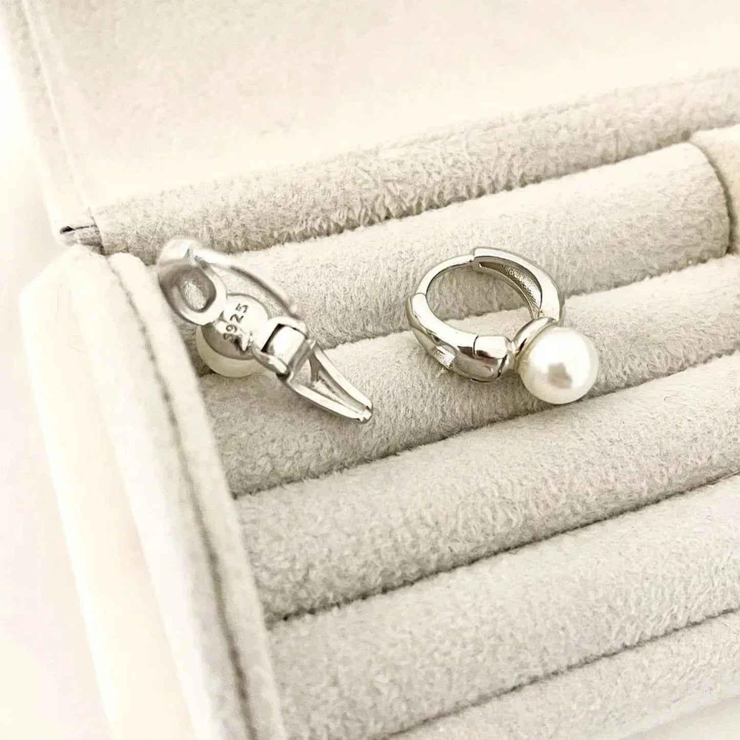 925 Sterling Silver Pearl Huggie Earrings Small Huggie Hoop Earrings