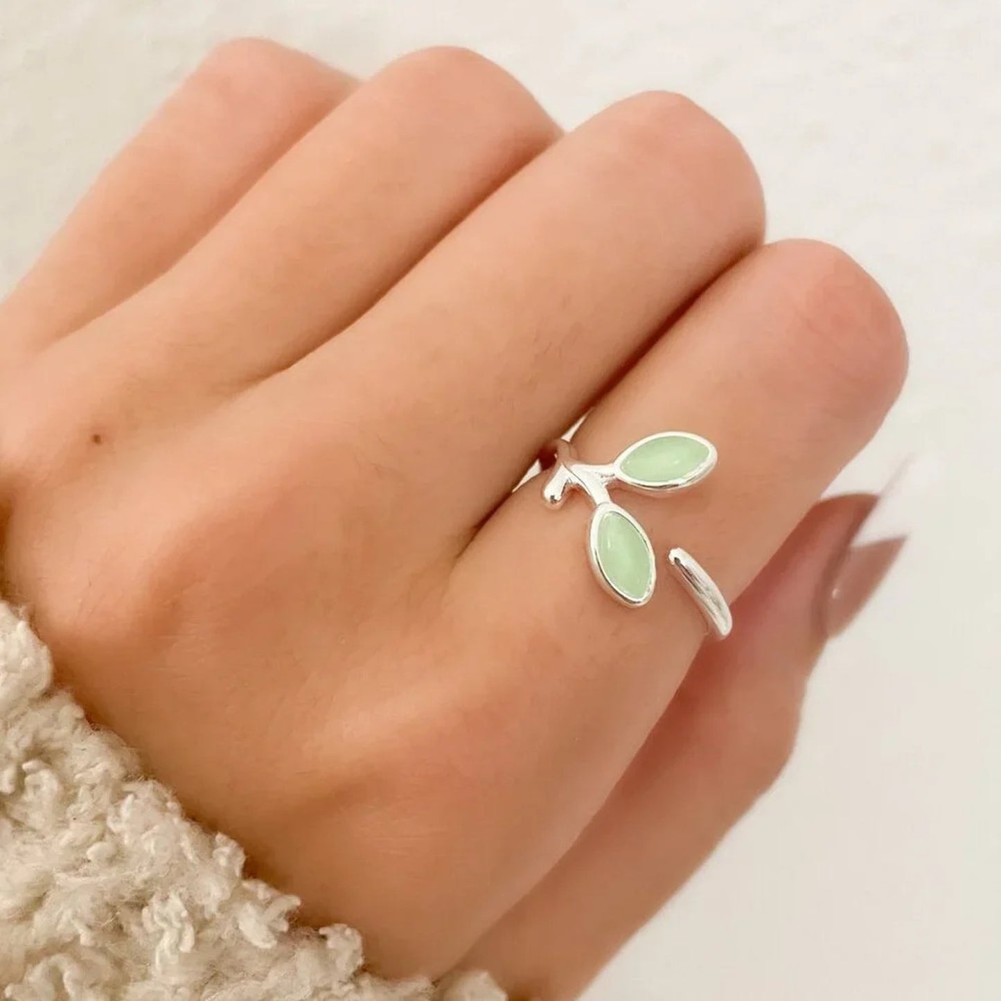 925 Sterling Silver Leaf Ring Green Stone Ring Leaf Ring Twig Ring Dainty Ring
