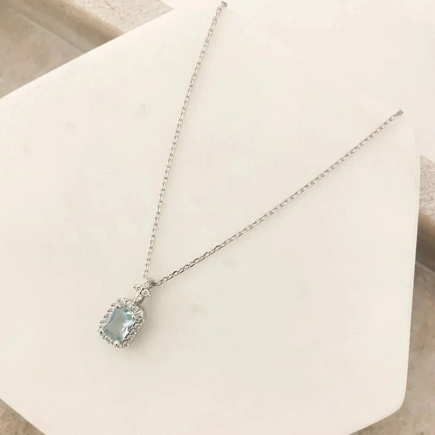 925 Sterling Silver Aquamarine Pendant Necklace Dainty CZ Diamond Necklace