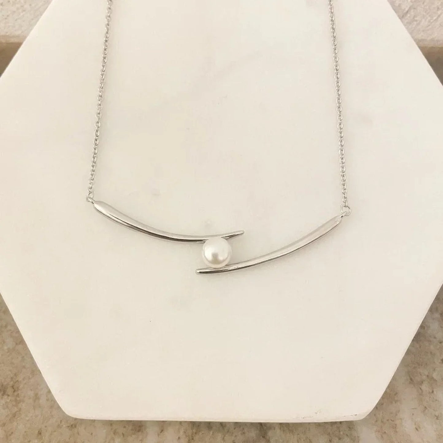 925 Sterling Silver Double Bar Pearl Necklace Chopstick Geometric Tube Necklace