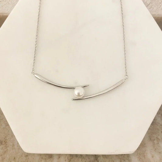 925 Sterling Silver Double Bar Pearl Necklace Chopstick Geometric Tube Necklace