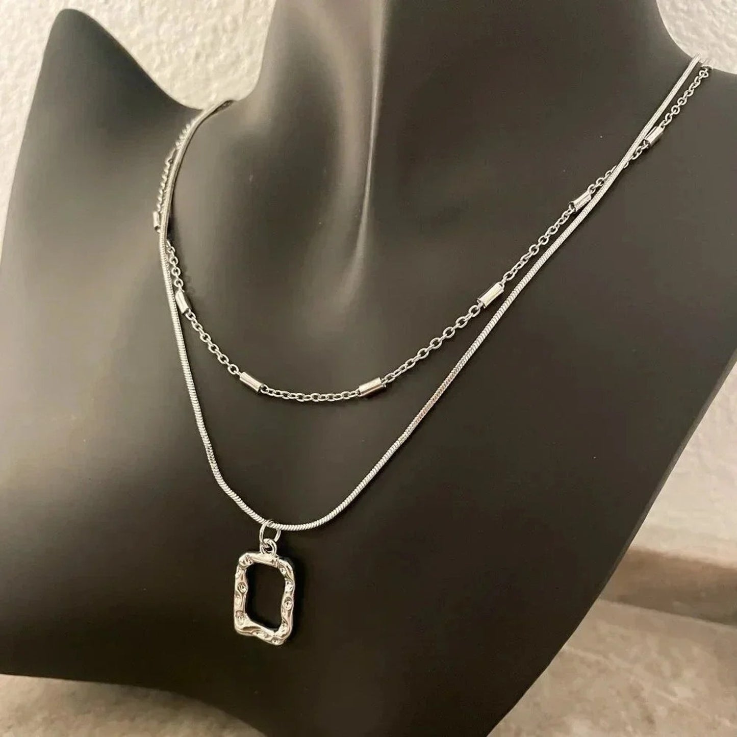 925 Sterling Silver Necklace Set Geometric Textured Square Pendant Sequin Chain