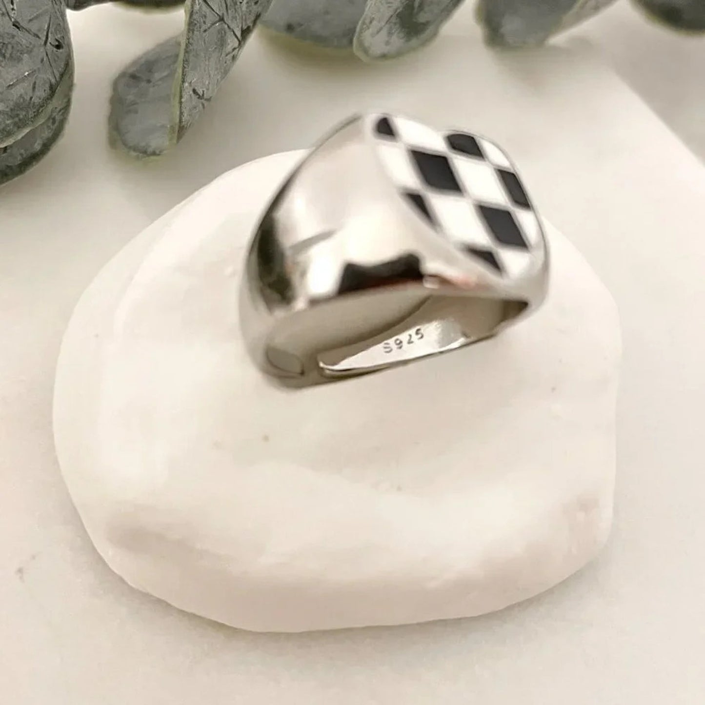 925 Sterling Silver Black & White Checkered Ring Heart Ring
